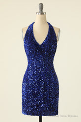 Royal Blue Sequin Halter Open Back Short Homecoming Dress